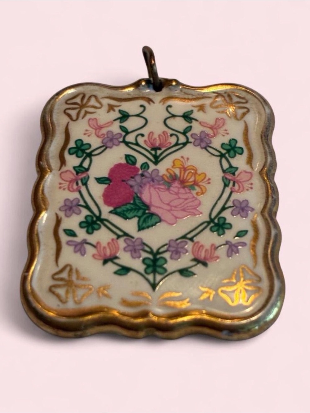 Sweet Vintage 1980s Franklin Mint Valentine Pendant, Porcelain & 24k Gold